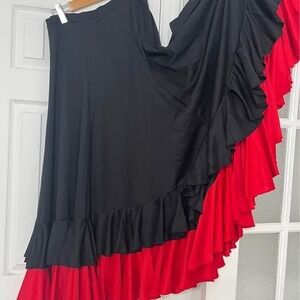 Black and Red Flamenco Dance Skirt Double Tiered Ruffle Performance Maxi Skirt
